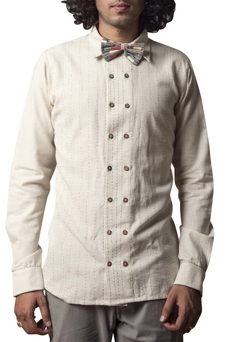 The Loom Art_Beige Handwoven Cotton Embroidered Running Stitches Double Placket Shirt  _Online_at_Aza_Fashions