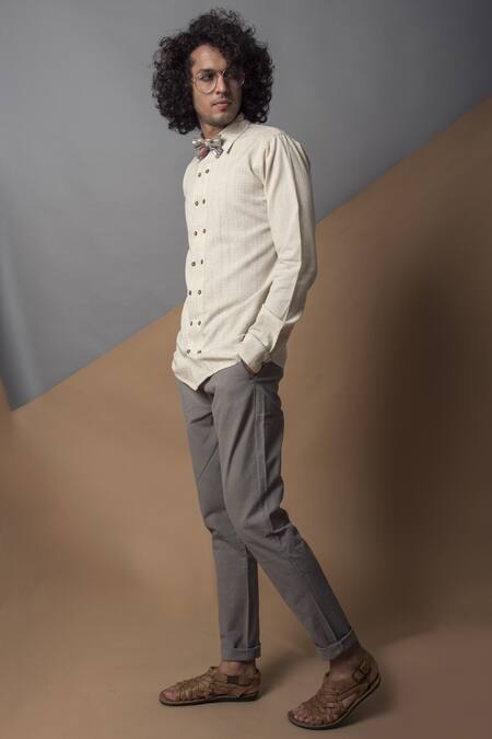 Buy_The Loom Art_Beige Handwoven Cotton Embroidered Running Stitches Double Placket Shirt  _Online_at_Aza_Fashions