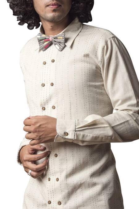 Shop_The Loom Art_Beige Handwoven Cotton Embroidered Running Stitches Double Placket Shirt  _Online_at_Aza_Fashions