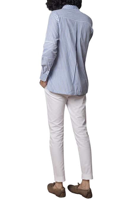 Shop_The Loom Art_Blue Handloom Cotton Embroidered Striped Shirt _at_Aza_Fashions