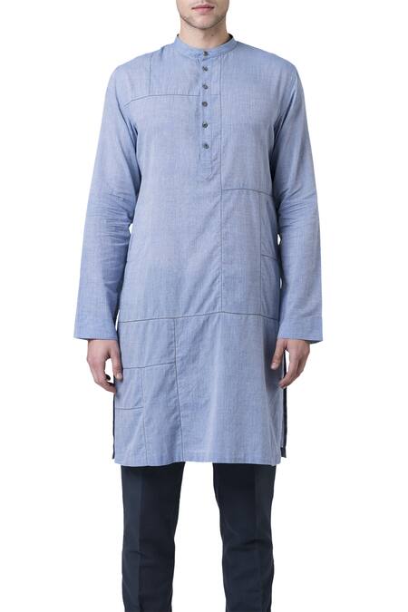 Suketdhir_Blue Cotton Plain Kurta  _Online_at_Aza_Fashions