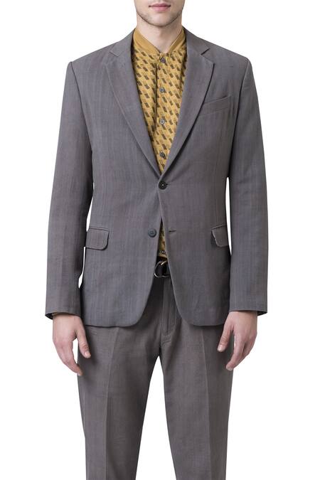Shop_Suketdhir_Grey Heavy Cotton Plain Blazer Jacket  _Online_at_Aza_Fashions