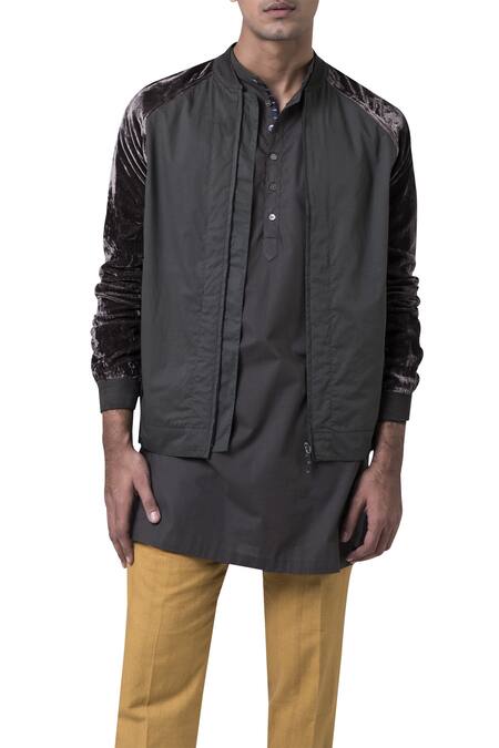 Suketdhir_Black Velvet, Poplin Sleeve Bomber Jacket _Online_at_Aza_Fashions