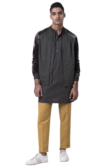 Buy_Suketdhir_Black Velvet, Poplin Sleeve Bomber Jacket _Online_at_Aza_Fashions