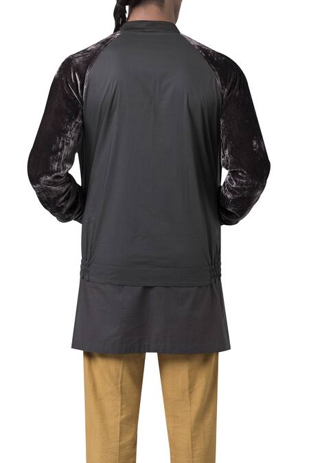Suketdhir_Black Velvet, Poplin Sleeve Bomber Jacket _at_Aza_Fashions