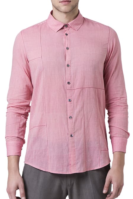 Shop_Suketdhir_Pink Cotton Lattice Piping Detail Shirt _Online_at_Aza_Fashions