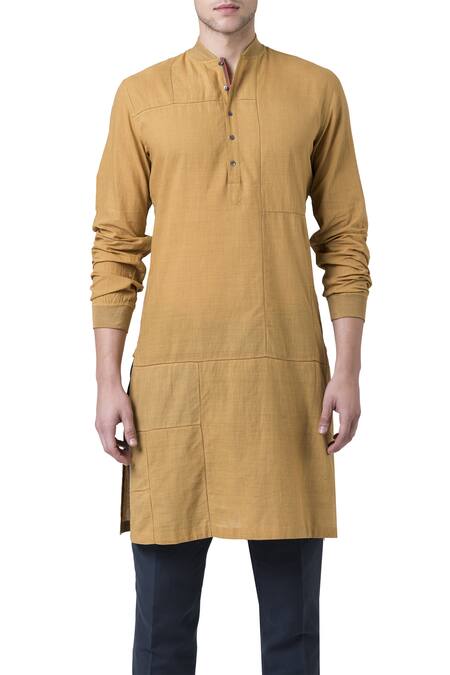 Suketdhir_Yellow Cotton Handwoven Kurta _Online_at_Aza_Fashions