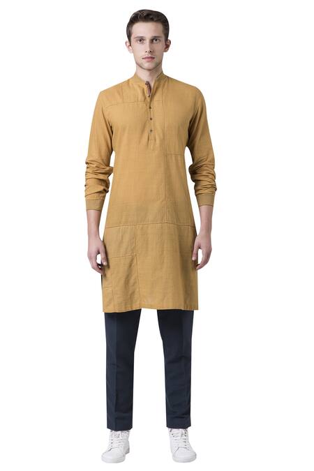 Buy_Suketdhir_Yellow Cotton Handwoven Kurta _Online_at_Aza_Fashions