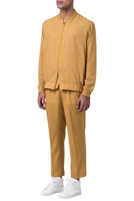 Suketdhir_Yellow Cotton Plain Bomber Jacket _Online_at_Aza_Fashions
