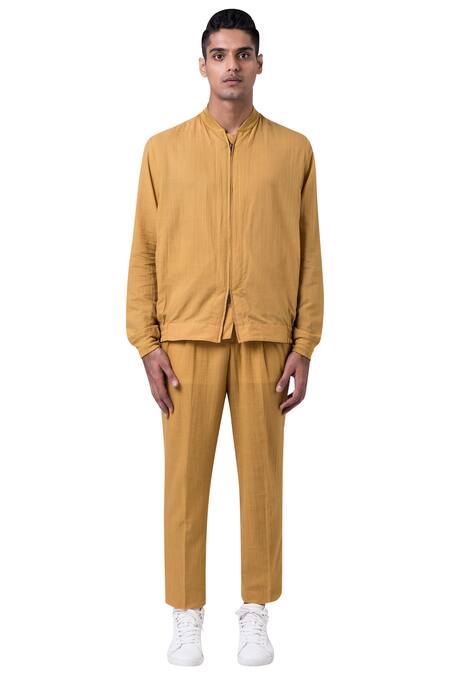 Buy_Suketdhir_Yellow Cotton Plain Bomber Jacket _Online_at_Aza_Fashions