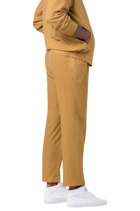 Suketdhir_Yellow Cotton Plain Ankle Length Trouser  _at_Aza_Fashions