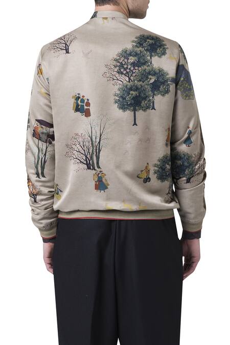 Suketdhir_Beige Satin Silk Printed Mughal Pattern Golfer Bomber Jacket  _Online_at_Aza_Fashions