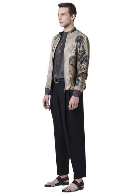Buy_Suketdhir_Beige Satin Silk Printed Mughal Pattern Golfer Bomber Jacket  _Online_at_Aza_Fashions