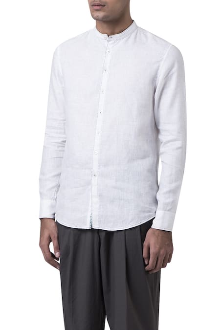 Suketdhir_White Linen Stitch Running Embroidered Shirt _Online_at_Aza_Fashions