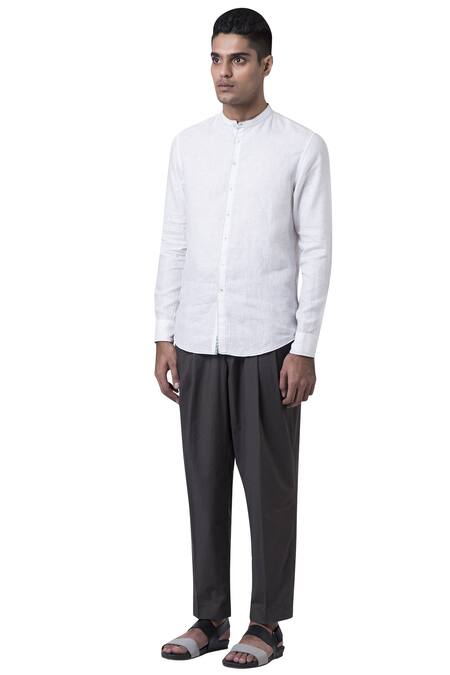 Buy_Suketdhir_White Linen Stitch Running Embroidered Shirt _Online_at_Aza_Fashions