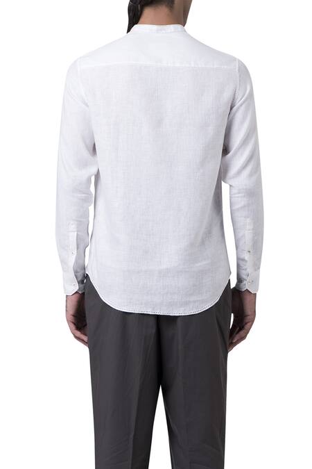 Shop_Suketdhir_White Linen Stitch Running Embroidered Shirt _Online_at_Aza_Fashions