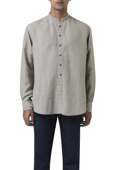 Suketdhir_Grey Linen Running Stitch Detail Shirt _Online_at_Aza_Fashions
