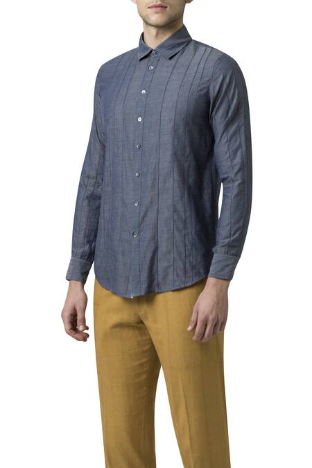 Suketdhir_Grey Linen Stitch Running Detailed Shirt _Online_at_Aza_Fashions