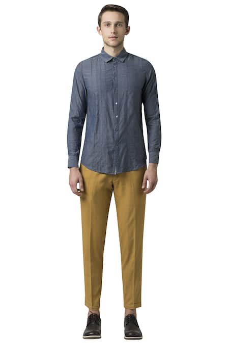 Buy_Suketdhir_Grey Linen Stitch Running Detailed Shirt _Online_at_Aza_Fashions