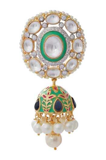 Moh-Maya By Disha Khatri Gold Plated Beads, Diamonds, Metallic Thread Meenakari Kundan Jhumkas Online at Aza Fashions Moh-Maya By Disha Khatri_Gold Plated Beads, Diamonds, Metallic Thread Meenakari Kundan Jhumkas _Online_at_Aza_Fashions