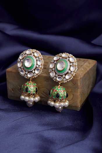 Shop Moh-Maya By Disha Khatri Gold Plated Beads, Diamonds, Metallic Thread Meenakari Kundan Jhumkas Online at Aza Fashions Shop_Moh-Maya By Disha Khatri_Gold Plated Beads, Diamonds, Metallic Thread Meenakari Kundan Jhumkas _Online_at_Aza_Fashions