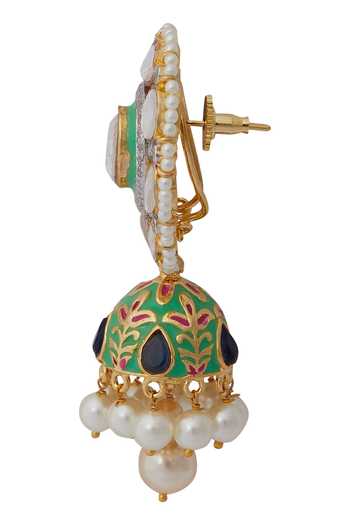 Moh-Maya By Disha Khatri Gold Plated Beads, Diamonds, Metallic Thread Meenakari Kundan Jhumkas at Aza Fashions Moh-Maya By Disha Khatri_Gold Plated Beads, Diamonds, Metallic Thread Meenakari Kundan Jhumkas _at_Aza_Fashions