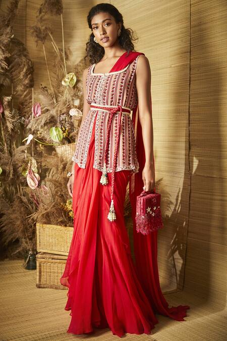 Buy_Ridhi Mehra_Red Saree With Printed Jacket And Bustier_Online_at_Aza_Fashions