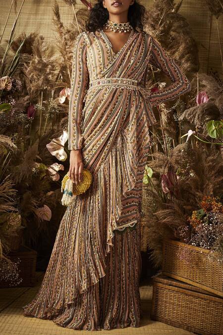 Buy_Ridhi Mehra_Multi Color Printed Saree With Blouse And Belt_Online_at_Aza_Fashions