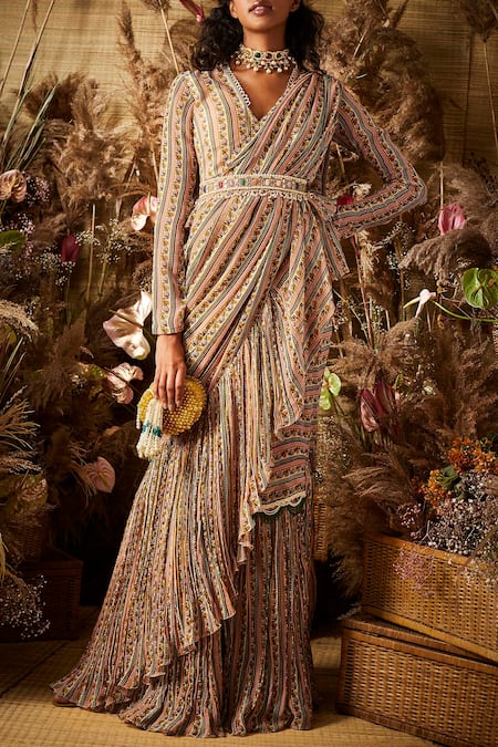Ridhi Mehra_Beige Chiffon V Neck Ruffle Saree With Blouse And Belt _Online_at_Aza_Fashions