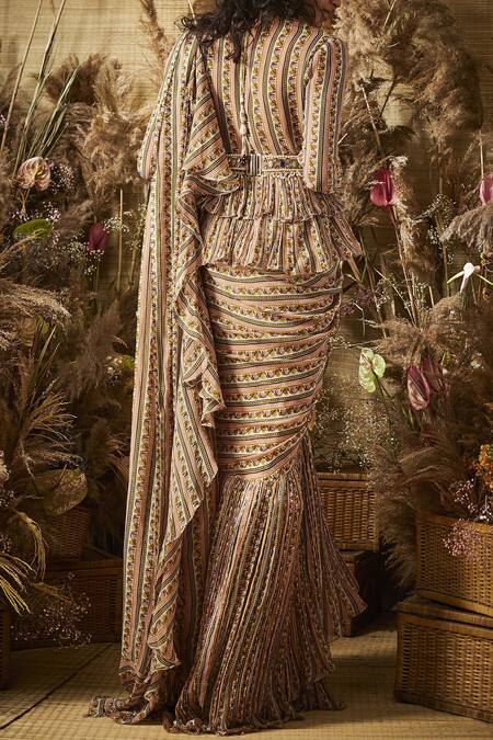 Shop_Ridhi Mehra_Multi Color Printed Saree With Blouse And Belt_at_Aza_Fashions