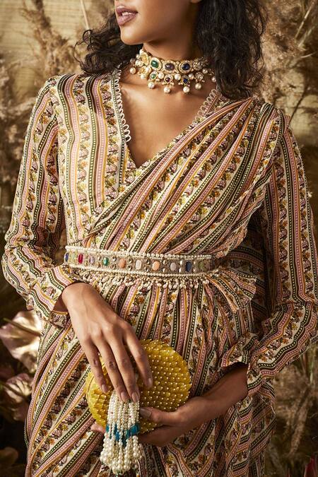 Ridhi Mehra_Multi Color Printed Saree With Blouse And Belt_Online_at_Aza_Fashions