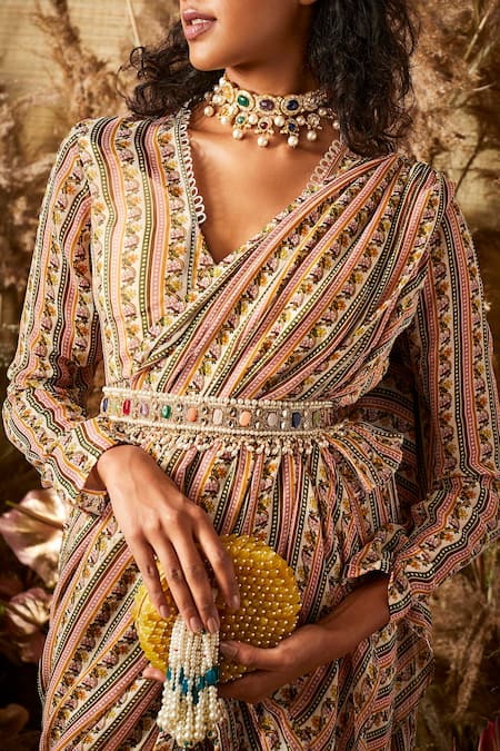 Ridhi Mehra_Beige Chiffon V Neck Ruffle Saree With Blouse And Belt _at_Aza_Fashions