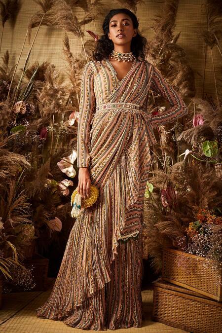Shop_Ridhi Mehra_Beige Chiffon V Neck Ruffle Saree With Blouse And Belt _Online_at_Aza_Fashions