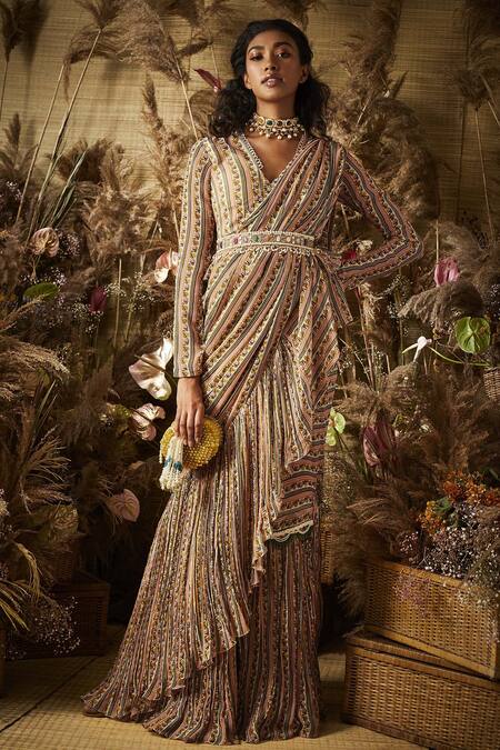 Shop_Ridhi Mehra_Multi Color Printed Saree With Blouse And Belt_Online_at_Aza_Fashions