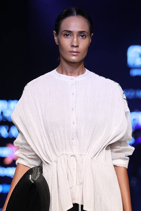 Rimzim Dadu_White Textured Hand Cut Shirt_Online_at_Aza_Fashions
