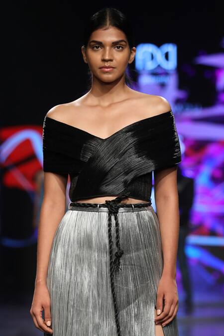 Buy Rimzim Dadu Black Off Shoulder Crop Top Online at Aza Fashions Buy_Rimzim Dadu_Black Off Shoulder Crop Top_Online_at_Aza_Fashions