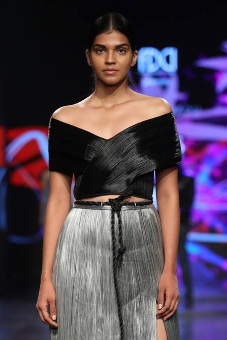 Buy_Rimzim Dadu_Silver High Slit Midi Skirt_Online_at_Aza_Fashions