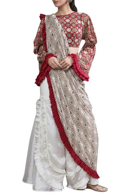 Ridhima Bhasin_Red Printed Top With Pants And Drape_Online_at_Aza_Fashions