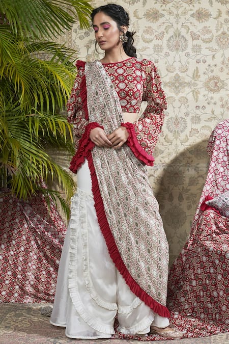 Buy_Ridhima Bhasin_Red Printed Top With Pants And Drape_Online_at_Aza_Fashions