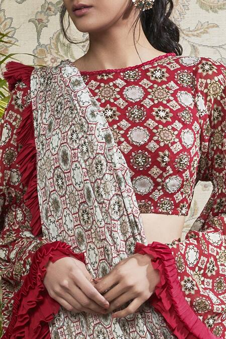 Shop_Ridhima Bhasin_Red Printed Top With Pants And Drape_Online_at_Aza_Fashions