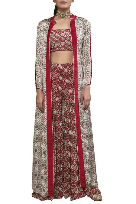 Ridhima Bhasin_Red Printed Bustier With Sharara Pants And Jacket_Online_at_Aza_Fashions