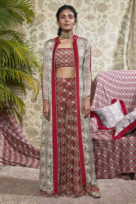 Buy_Ridhima Bhasin_Red Printed Bustier With Sharara Pants And Jacket_Online_at_Aza_Fashions