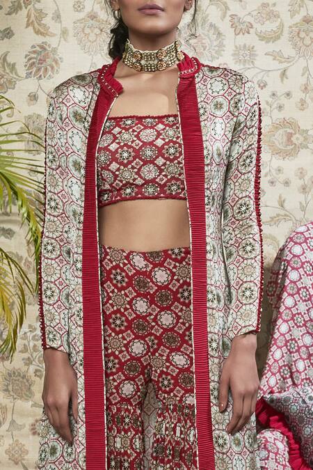 Shop_Ridhima Bhasin_Red Printed Bustier With Sharara Pants And Jacket_Online_at_Aza_Fashions