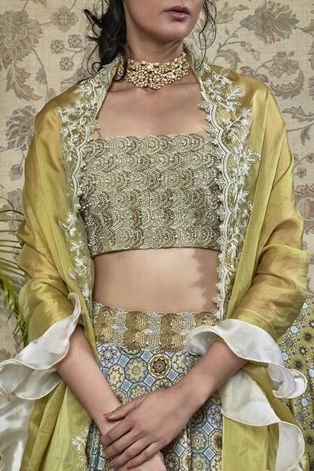 Shop_Ridhima Bhasin_Blue Printed And Embroidered Lehenga Set_Online_at_Aza_Fashions