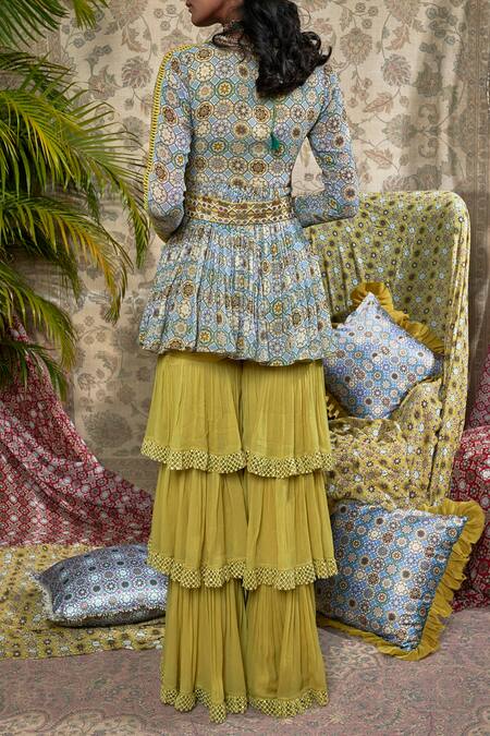 Shop_Ridhima Bhasin_Blue Printed Peplum Kurta Sharara Set_at_Aza_Fashions