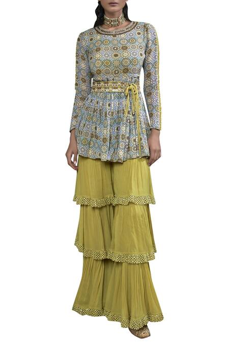 Ridhima Bhasin_Blue Printed Peplum Kurta Sharara Set_Online_at_Aza_Fashions