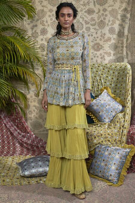 Buy_Ridhima Bhasin_Blue Printed Peplum Kurta Sharara Set_Online_at_Aza_Fashions