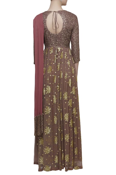 Shop Abhi Singh Brown Leaf Neck Hand Embroidered Anarkali Kurta With Attached Dupatta at Aza Fashions Shop_Abhi Singh_Brown Leaf Neck Hand Embroidered Anarkali Kurta With Attached Dupatta _at_Aza_Fashions