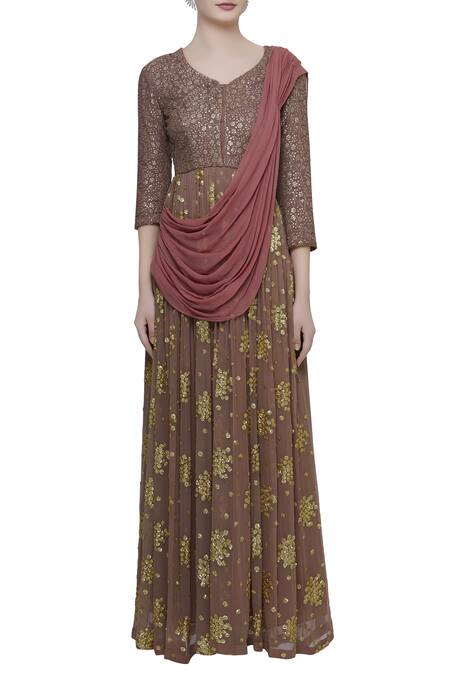 Abhi Singh Brown Leaf Neck Hand Embroidered Anarkali Kurta With Attached Dupatta Online at Aza Fashions Abhi Singh_Brown Leaf Neck Hand Embroidered Anarkali Kurta With Attached Dupatta _Online_at_Aza_Fashions