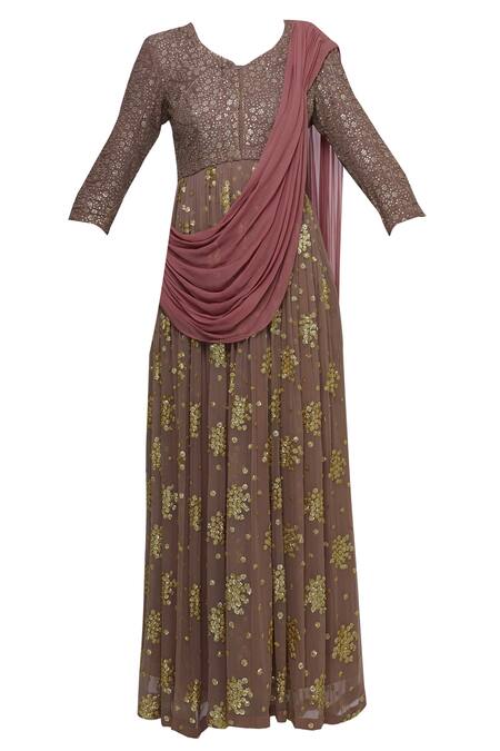 Buy Abhi Singh Brown Leaf Neck Hand Embroidered Anarkali Kurta With Attached Dupatta Online at Aza Fashions Buy_Abhi Singh_Brown Leaf Neck Hand Embroidered Anarkali Kurta With Attached Dupatta _Online_at_Aza_Fashions